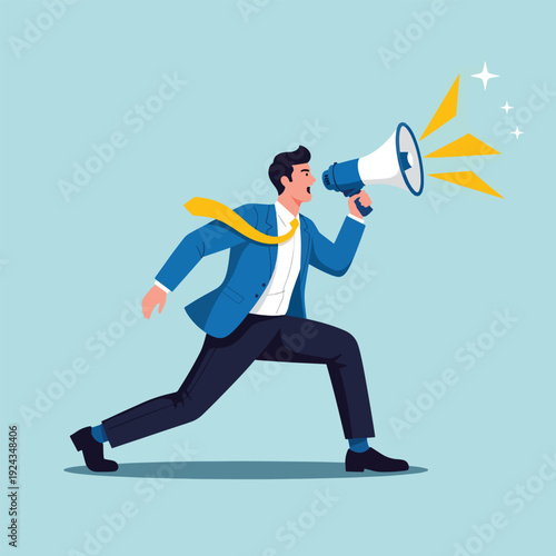 Businessman running and shouting through a megaphone to announce important news.