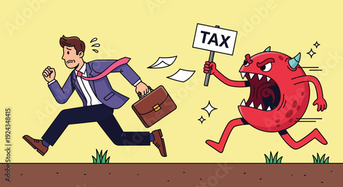 Businessman running away from a monster representing tax Vector illustration.