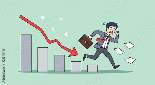 Businessman running away from a falling bar chart symbolizing financial crisis and business failure.