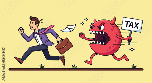 Businessman running away from a tax monster.