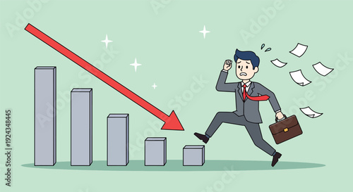 Businessman running from a declining bar graph with a red arrow pointing downwards symbolizing financial crisis and business failure.