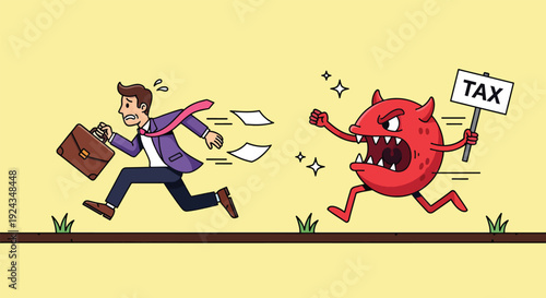 Businessman running away from a monster representing tax.