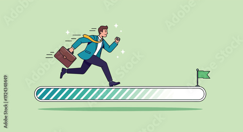 Businessman Running on Progress Bar Towards Goal Flag.