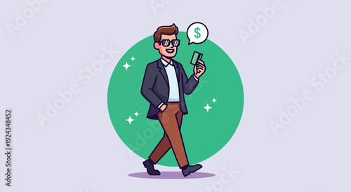 Businessman walking with money in hand thinking about financial success.