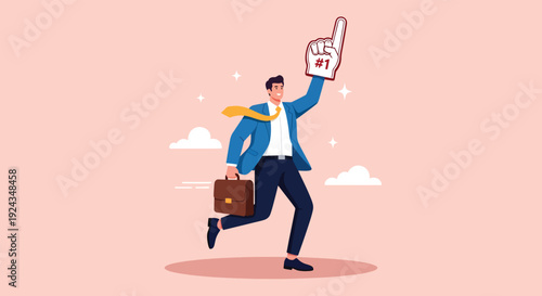 Businessman wearing number one foam finger celebrating success.