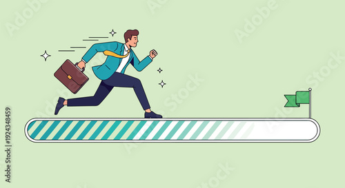 Businessman Running Towards Goal on Progress Bar.