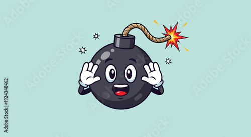 Cartoon bomb character with lit fuse and surprised expression.