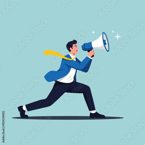 Businessman with megaphone making an announcement.