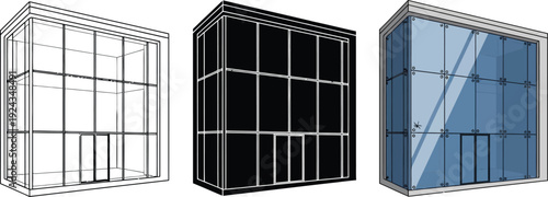 Modern glass building facade in three styles wireframe silhouette and rendered representing architectural design and construction concepts