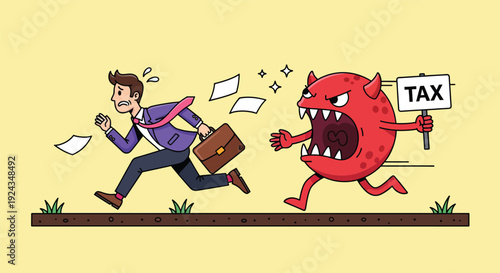 Businessman running away from a red monster holding a TAX sign symbolizing tax evasion or financial stress.