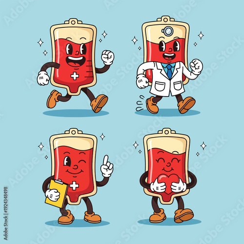Cute Blood Bag Cartoon Character Set for Medical and Healthcare Concepts.