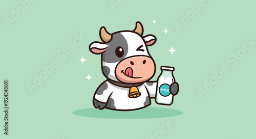 Cute Cartoon Cow Holding Milk Bottle.