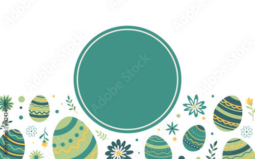 Fond printanier de Pâques avec œufs décoratifs et éléments floraux en partie basse et grand cercle central pour texte ou logo. Idéal pour cartes, invitations et supports marketing