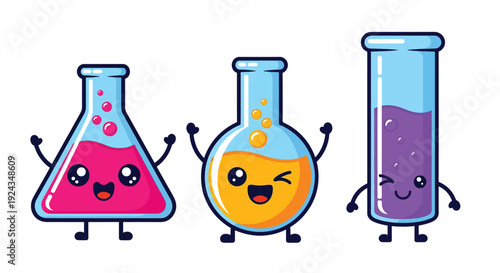 Cute cartoon laboratory flasks and test tube with happy faces.