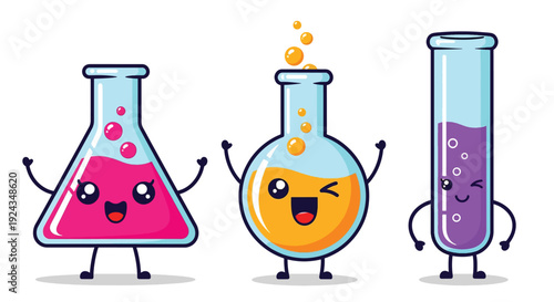 Cute cartoon laboratory beakers and test tube characters.