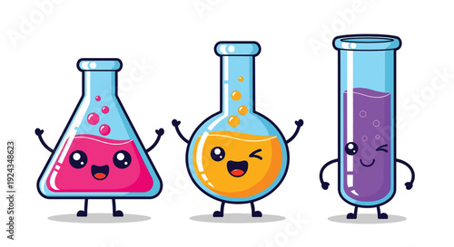 Cute Cartoon Laboratory Glassware with Happy Faces Vector illustration.