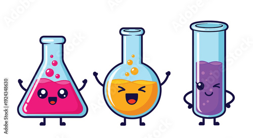 Cute cartoon laboratory glassware with happy faces.