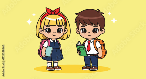 Cute Cartoon School Children Ready for Class Vector illustration.