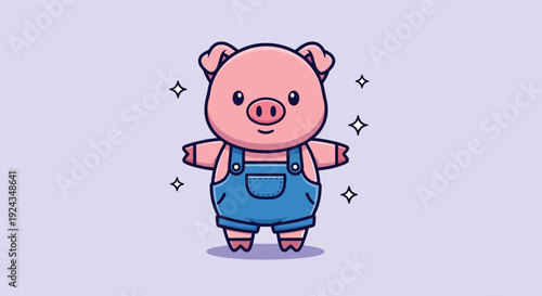 Cute cartoon pig wearing blue overalls standing and smiling.