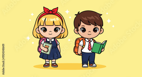 Cute cartoon school children ready for class.