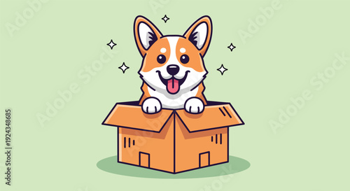 Cute Corgi Dog Peeking Out of Cardboard Box.