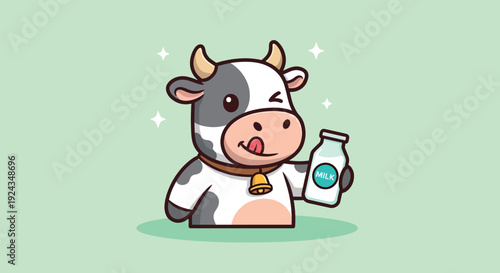 Cute Cow Holding Milk Bottle Cartoon Illustration.