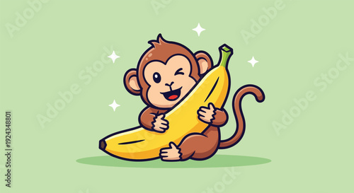 Cute Monkey Hugging Banana Cartoon Illustration.