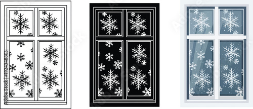 Collection of snowflake window illustrations representing winter weather and festive holiday scenes perfect for seasonal design elements