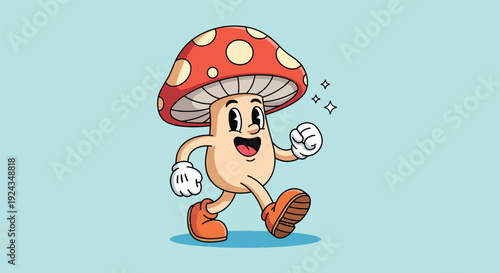 Cute Mushroom Character Walking Happily.