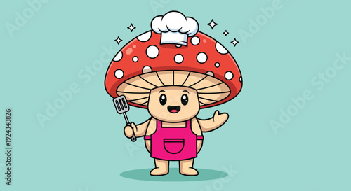Cute Mushroom Chef Character with Spatula and Apron.