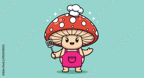 Cute Mushroom Chef with Spatula and Apron.