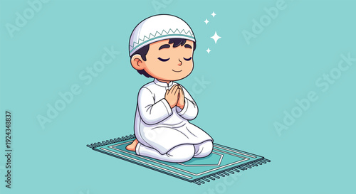 Cute Muslim Boy Praying on a Mat 1.