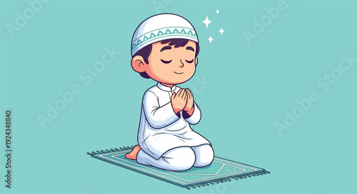 Cute Muslim Boy Praying on a Mat.