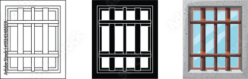 Set of window frames with bars including outline silhouette and realistic illustration for architectural design and security concepts
