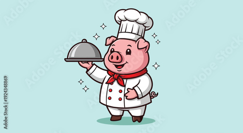 Cute Pig Chef Holding a Food Cloche Illustration.
