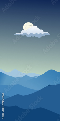 Minimalist landscape with layered blue mountains under moonlit sky
