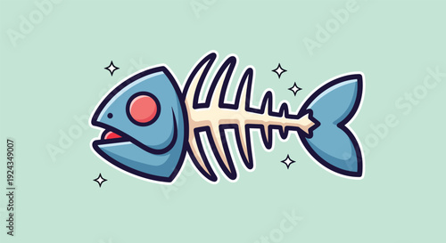 Fish skeleton illustration on a light blue background.