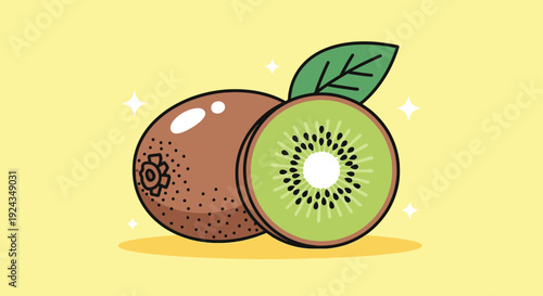 Fresh Kiwi Fruit Illustration with Whole and Sliced Pieces.