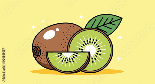 Fresh Kiwi Fruit Whole and Sliced with Leaf Illustration.