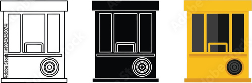 Collection of ticket booth icons representing different styles like outline silhouette and flat design for transportation or event concepts