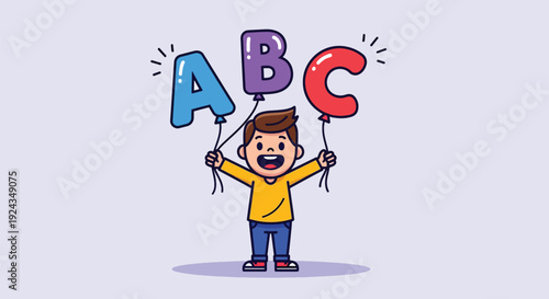 Happy boy holding colorful ABC letter balloons.