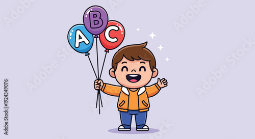 Happy Boy Holding ABC Balloons Learning Alphabet.