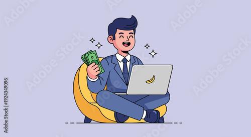 Happy businessman earning money online with laptop illustration.