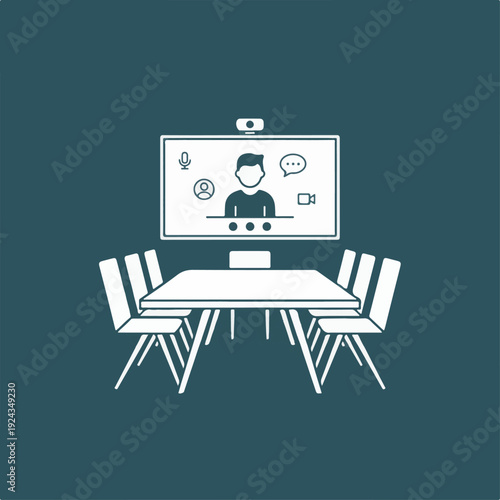 Monochrome flat icon of an empty conference room with video call on screen