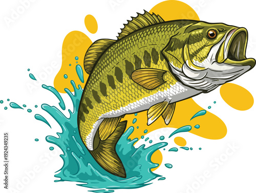 Large mouth bass jumping out of water with splash and vibrant colors
