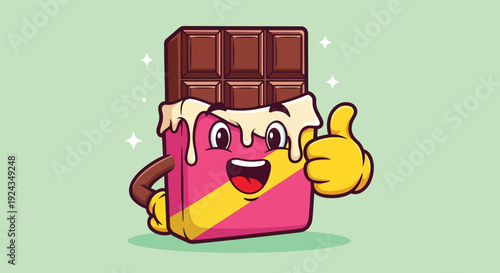 Happy chocolate bar cartoon character giving thumbs up.