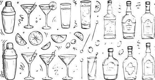 Hand Drawn Barware Cocktail Glasses and Liquor Bottles Vector Illustration Set