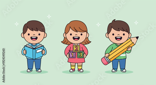 Happy Diverse Kids Learning Together with Books and Pencil.