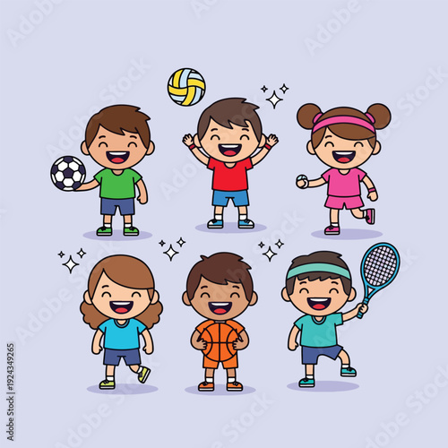 Happy diverse children playing various sports together.