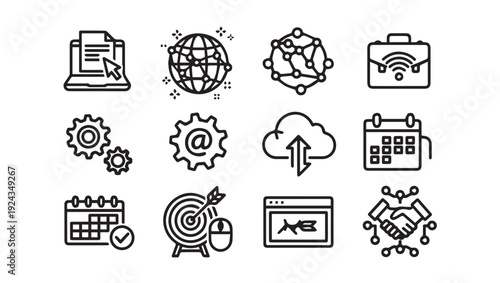 Technology Icons Set: Business Network Cloud Calendar Target Meeting
